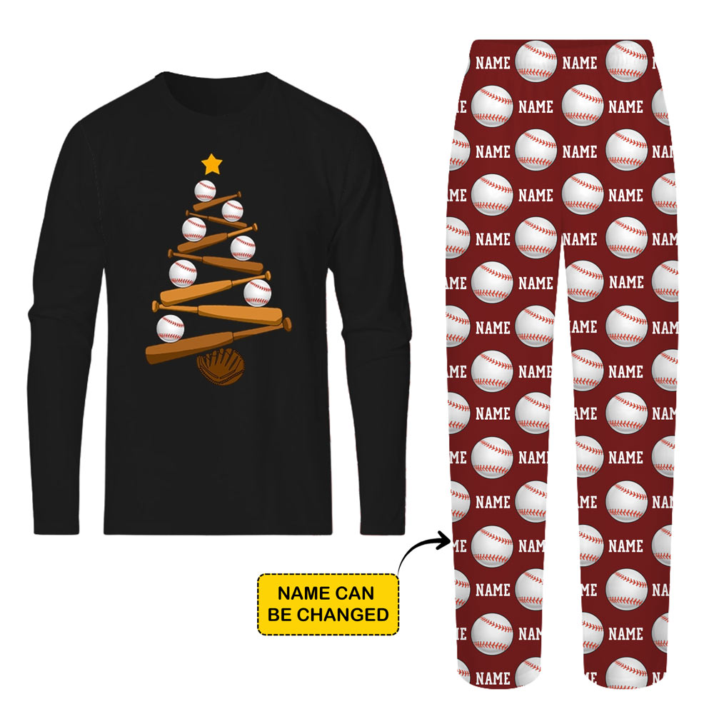 Baseball Christmas Tree Dog And Family Matching Pajamas With Custom Name 2